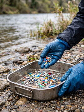 Examining Collected Colorful Microplastic Debris In Sieve Tray Outdoors