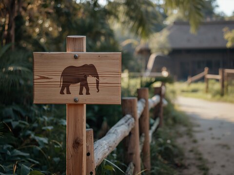 Generative AI captures a rustic wooden sign with an elephant silhouette on a nature trail