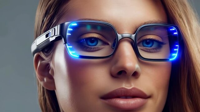 Smart Eyewear Woman Portrait with Blue Illuminated Lens and Futuristic Optical Display Technology