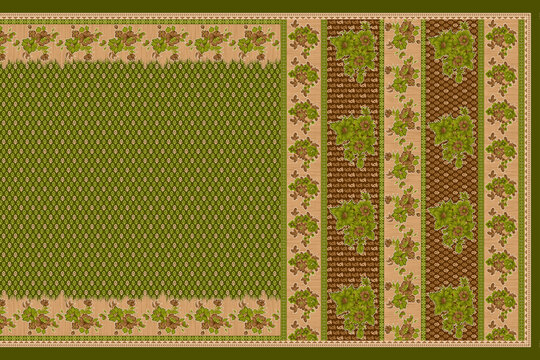 Traditional Indian Saree Layout with Ethnic Decorative Patterns and Ornate Galo Pallav Border Textile Print