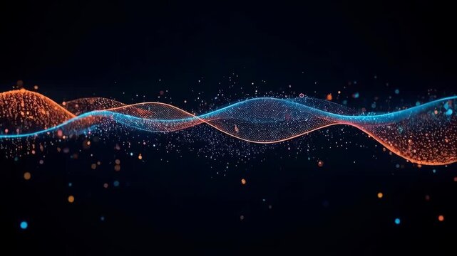 Abstract Light Wave Particle Background with Flowing Orange Blue Energy Curves in Dark Space