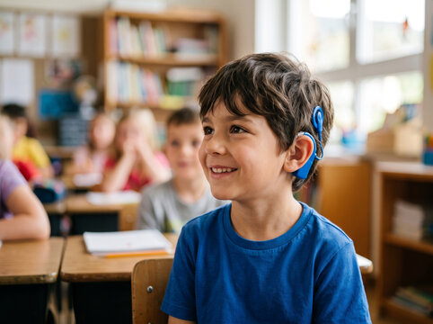 School Boy With Hearing Aid Smiling In Elementary Classroom