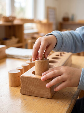 Child Hands Fitting Wooden Cylinders In Sensorial Block Board