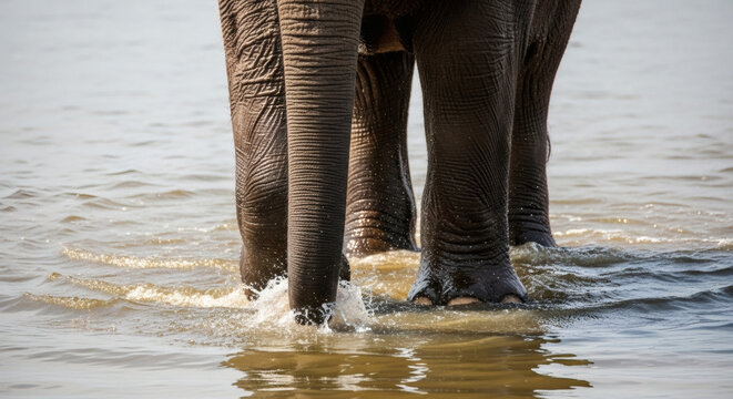 Close up of an elephant's legs walking through water with generated by AI