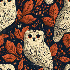 Fototapeta premium Mid century modern owl seamless pattern with graphic cream owl and orange leaves on dark background creating warm autumn mood