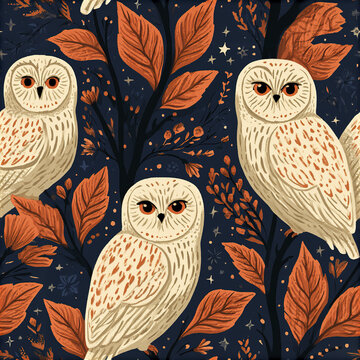 Mid century modern owl seamless pattern with graphic cream owl and orange leaves on dark blue background