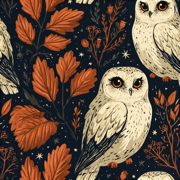 Mid century modern owl seamless pattern with graphic cream color and orange leaves on dark background creating warm autumn mood