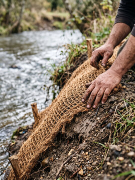 Installing Biodegradable Jute Netting For Riverbank Soil Erosion Control