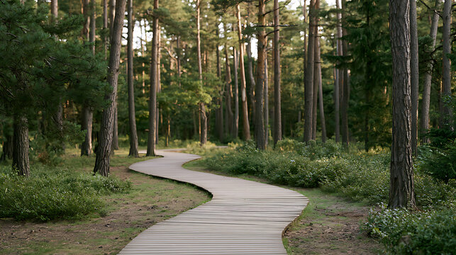 A serene winding wooden boardwalk path cuts through a lush green pine tree forest pinus sylvestris under soft daylight for peaceful nature walk