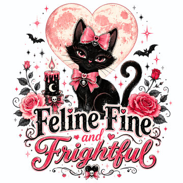 Cute Halloween cat humor design with black cat, heart-shaped moon, bow accents and playful feminine typography. Feline Fine and Frightful quote on white background