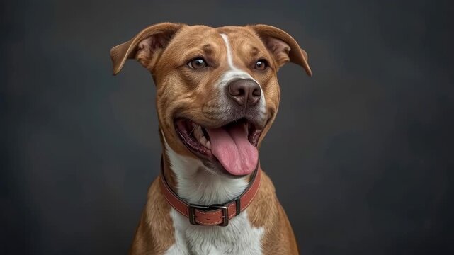 Brown Dog Portrait, Happy Canine Pet Animal with Short Hair and Collar Against Dark Background