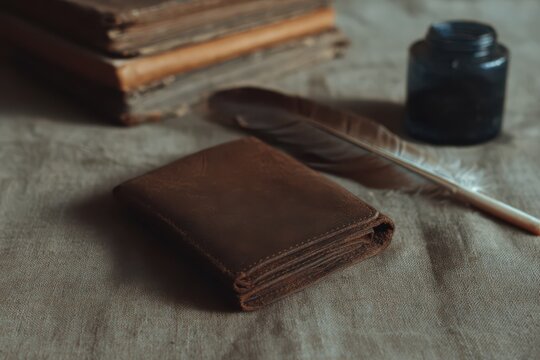 Leather wallet rests on old ledger books beside a feather pen and ink bottle in a simple workspace setting