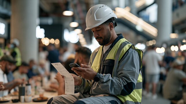Construction worker in full protective gear photographing a printed restaurant bill for expense records in a crowded food hall, hard hat and high visibility vest on, aftermath