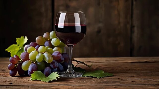 Red Wine Glass with Colorful Grape Cluster on Rustic Wooden Table, Dark Background