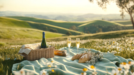 Fototapeta premium Idyllic picnic with wine and cheese in blooming meadow