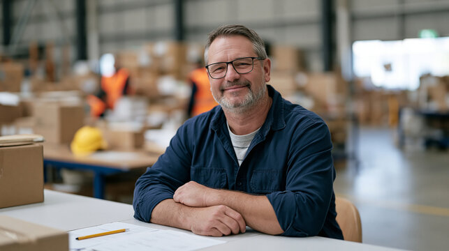 Warehouse worker pauses at a clean organized packing station in a crowded logistics hub for a mandatory safety equipment check, the before-and-after contrast of disarray versus