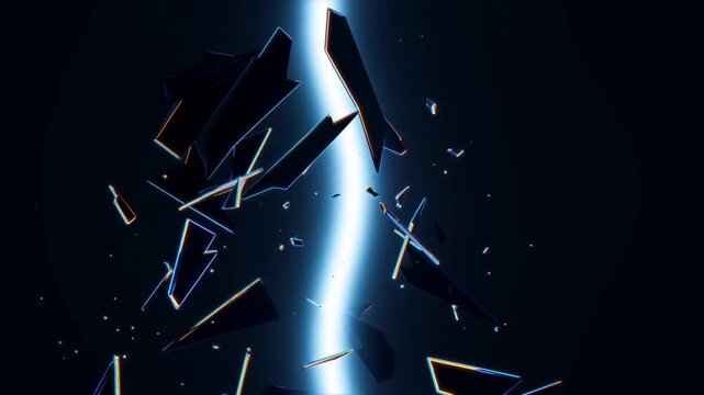 Abstract Shattered Glass Shards Floating with Glowing Edges in Dark Space