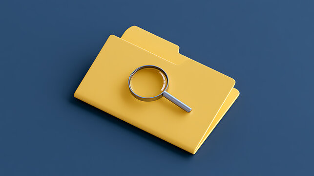 A yellow file folder with a magnifying glass on a clean blue background symbolizing data search file management document audit and analysis