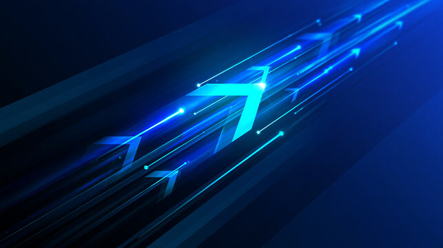 Bright blue glowing arrows moving fast along light trails in a dynamic digital space. High speed technology background for modern data transfer concepts.