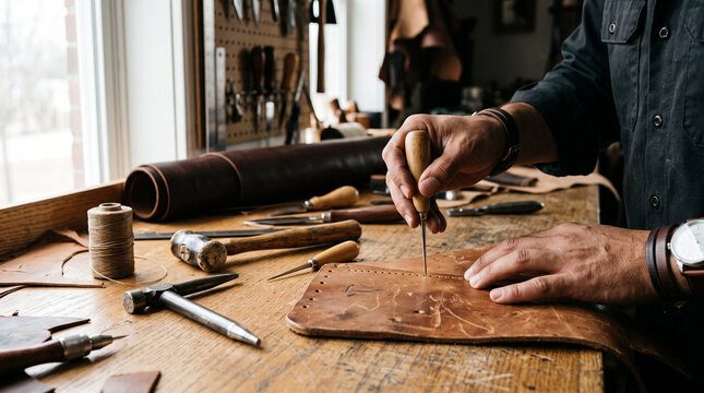 Leather crafting tools with awl punch and hammer on workbench in artisan workshop, handmade repair and traditional craft process 