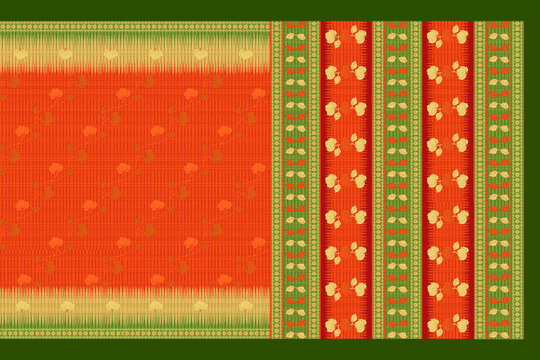 Traditional Indian Saree Layout with Ethnic Decorative Patterns and Ornate Galo Pallav Border Textile Print