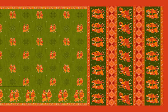 Traditional Indian Saree Layout with Ethnic Decorative Patterns and Ornate Galo Pallav Border Textile Print