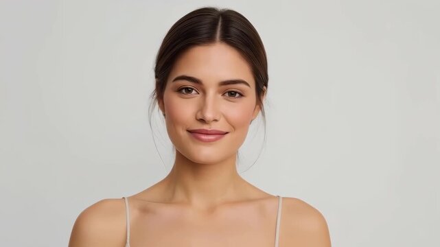 Woman Portrait with Brown Hair, Gentle Smile, Calm Expression and Playful Wink Against Neutral