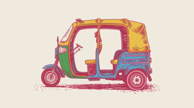 Retro auto rickshaw vector illustration, vintage colorful tuk tuk side view, traditional asian three wheeler taxi icon