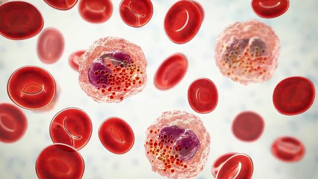 Eosinophilia, 3D animation showing increased eosinophils among red blood cells in the bloodstream.