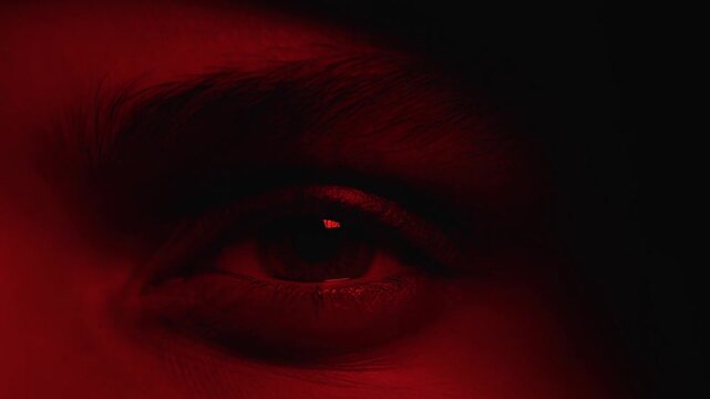 Human eye in extreme closeup under red light with fixed gaze and dark shadows