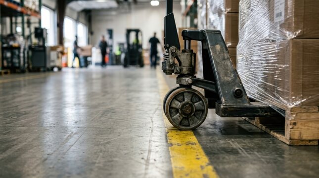 Pallet truck wheel rolling beside shrink-wrapped pallets on an epoxy warehouse floor near a loading dock.