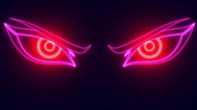 Neon glowing eyes with angry expression on a dark background in vivid red light