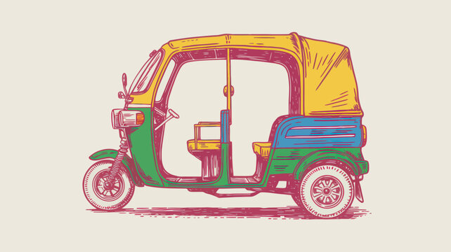 Vintage auto rickshaw vector illustration, retro indian tuk tuk taxi icon, colorful asian three wheeler vehicle graphic