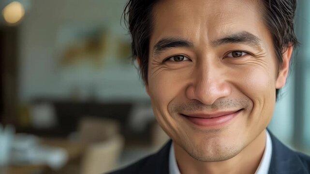 Smiling Asian Man Portrait with Warm Confident Expression in Soft Office Light