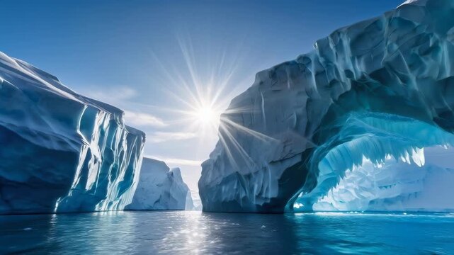 Iceberg Arch Over Polar Ocean with Sunlight Illuminating Blue Glacier Ice and Tranquil Water