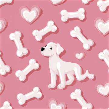 White dog and bone seamless pattern with heart shapes on pink background, cute and playful design for pet lovers