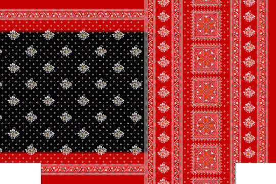 Traditional Indian Saree Layout with Ethnic Decorative Patterns and Ornate Galo Pallav Border Textile Print