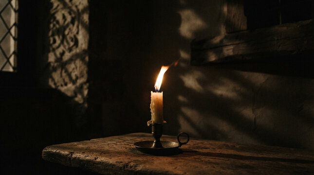 Lit candle on rustic wooden table in dark medieval room