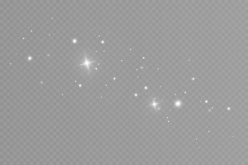 Naklejka premium Glowing white sparkle light trail on transparent background. Magic stardust effect with shining stars and bokeh particles. Abstract digital illustration for festive overlay