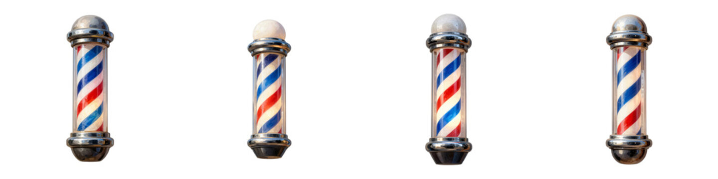 Four vintage barber poles stand in a row against a stark black backdrop
