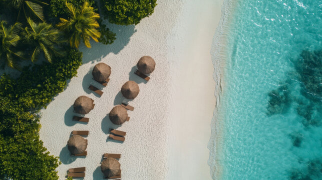Tropical Beach Loungers with Umbrellas and Ocean View