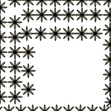 Minimalist geometric frame vector design featuring black and yellow asterisk starburst floral icons forming a decorative border with central copy space on a clean white background.