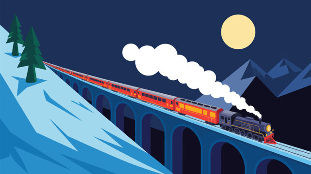 Long passenger train travels across an impressive arched bridge nestled among vast snowy mountains at night