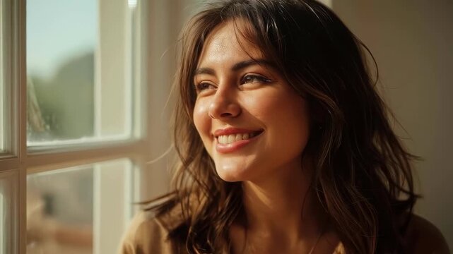 Woman Laughing Beside Window Natural Light, Joyful Expression Portrait with Warm Sunlight