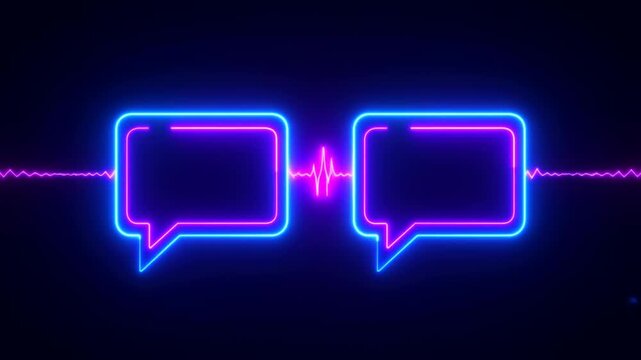 Neon speech bubbles with glowing waveform on dark background for digital communication
