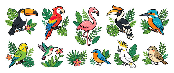 Naklejka premium Collection of Diverse Cartoon Birds Isolated on Transparent Background