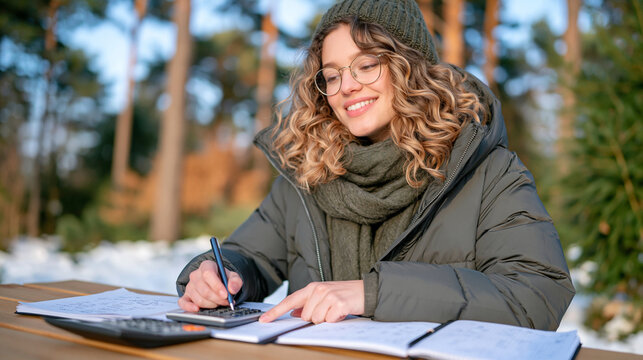 Female adult carefully comparing financial documents and calculator results at a wooden picnic table surrounded by fresh snow, wearing a thick winter jacket, scarf and knitted beanie, notebook fille