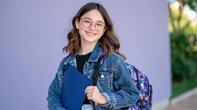 Happy elementary schoolgirl holding a blue folder while standing beside a colorful school backpack, denim jacket with casual clothing, soft lavender background, warm natural smile, youthful educatio