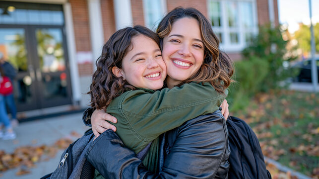 Happy mother hugging her school age daughter outside a historic brick school building, daughter carrying a backpack and smiling with relief and joy, touching reunion after the school day, autumn lea