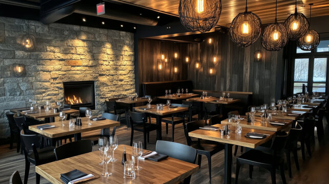 Elegant Fine Dining Restaurant with Warm Lighting and Fireplace